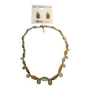 Vintage Liz Claiborne Olive Green Stone Necklace & Earrings Set